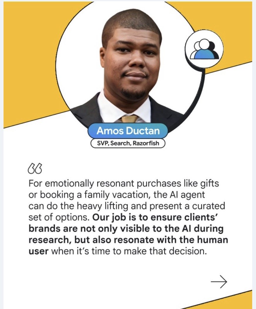 Featured quote card: Amos Ductan on AI agents and brand discovery
